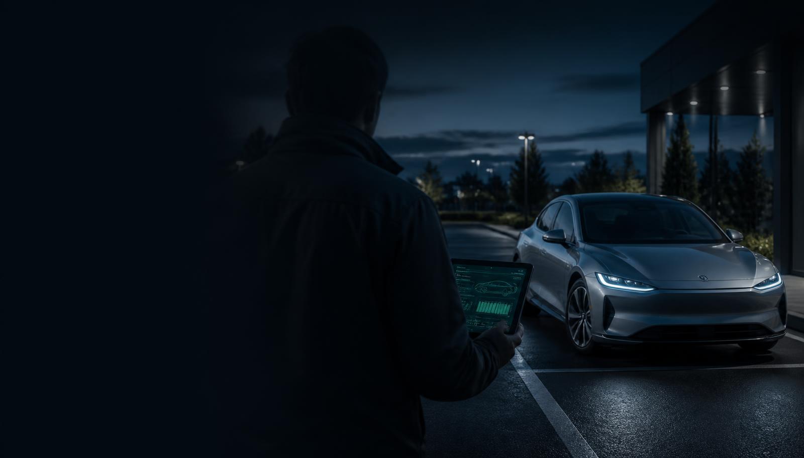 Specjalista sprawdzający samochód elektryczny przed zakupem za pomocą tabletu